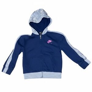 Nike Air Full Zip Hoodie, Navy Blue with Pink Logo and Silver Hood/Trim-Girls 6X